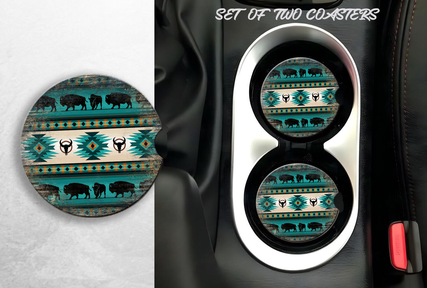 Two Southwest Themed Car Coasters With a Ceramic Base