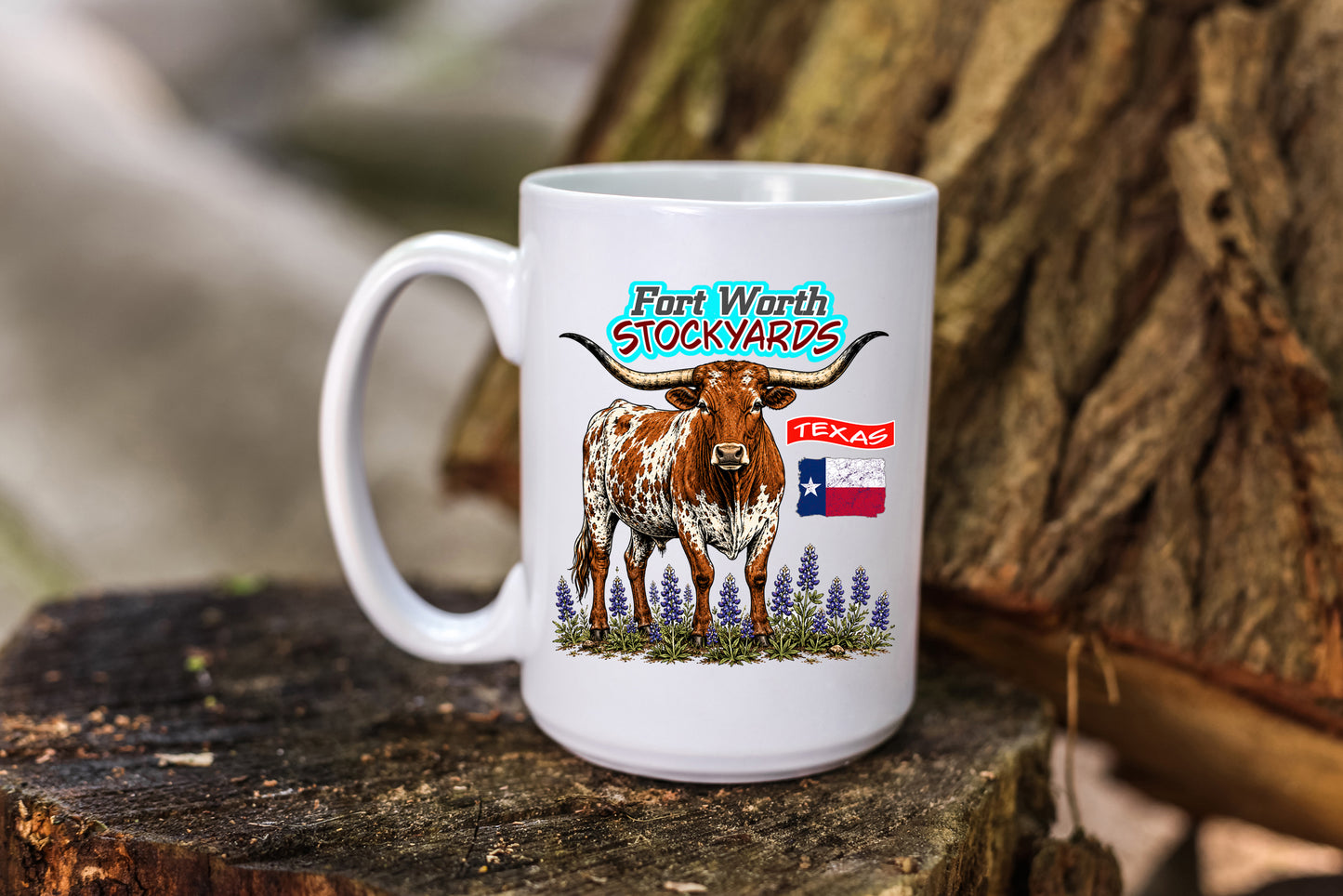 Fort Worth Texas Stockyards Coffee Mug with Longhorn in Bluebonnets