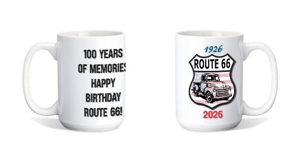 Coffee Mug Route 66 Design With 100 Years Celebration and Colorful Graphics