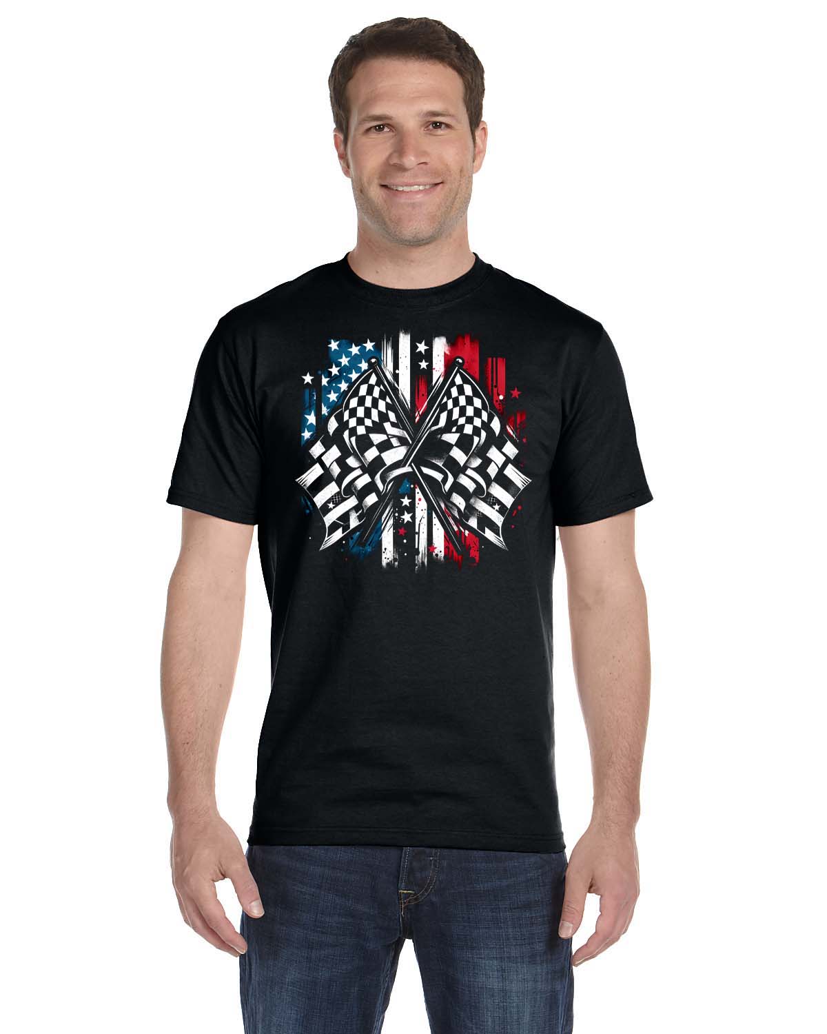 Racing T-shirt Crossed Checkered Flags Across an American Flag