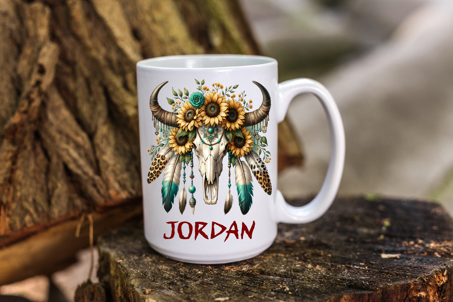 Coffee Mug Southwest Design Skull and Flowers Personalized