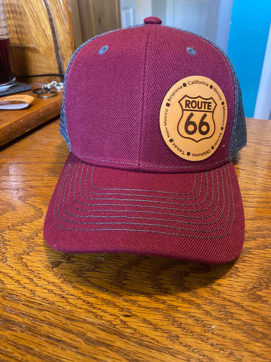 Route 66 Ball Cap with Laser Engraved Leather Route 66 Patch  #CAP02