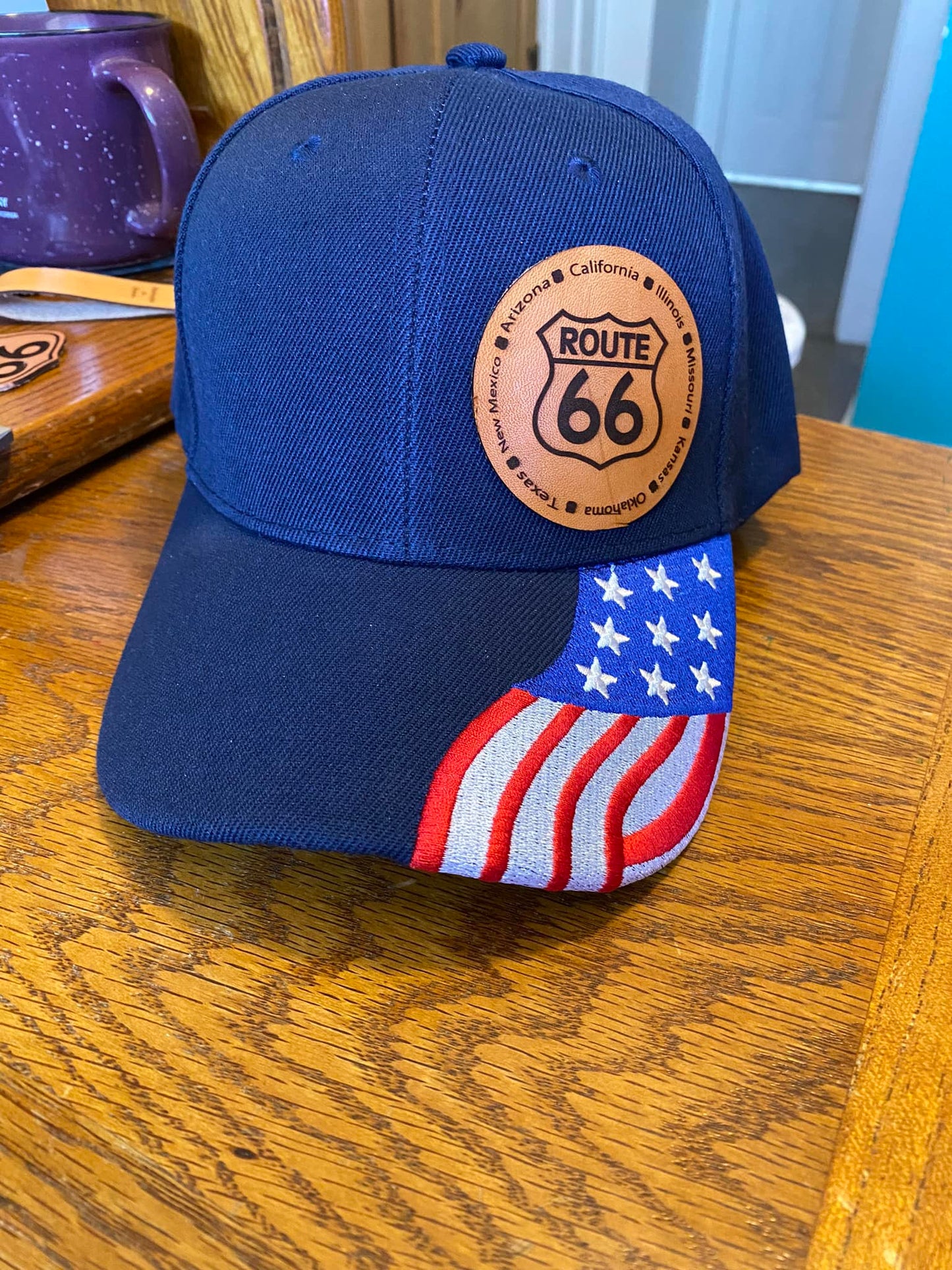Route 66 Ball Cap with Laser Engraved Leather Route 66 Patch  #CAP02