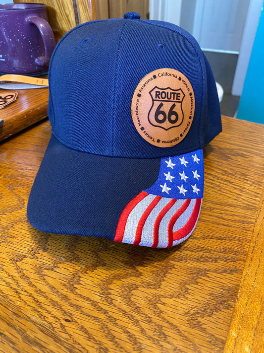 Route 66 Ball Trucker Cap with Laser Engraved Leather Route 66 Patch  #CAP03