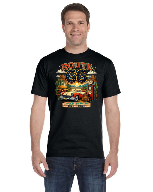 Nostalgic Route 66 Design on Black Tee