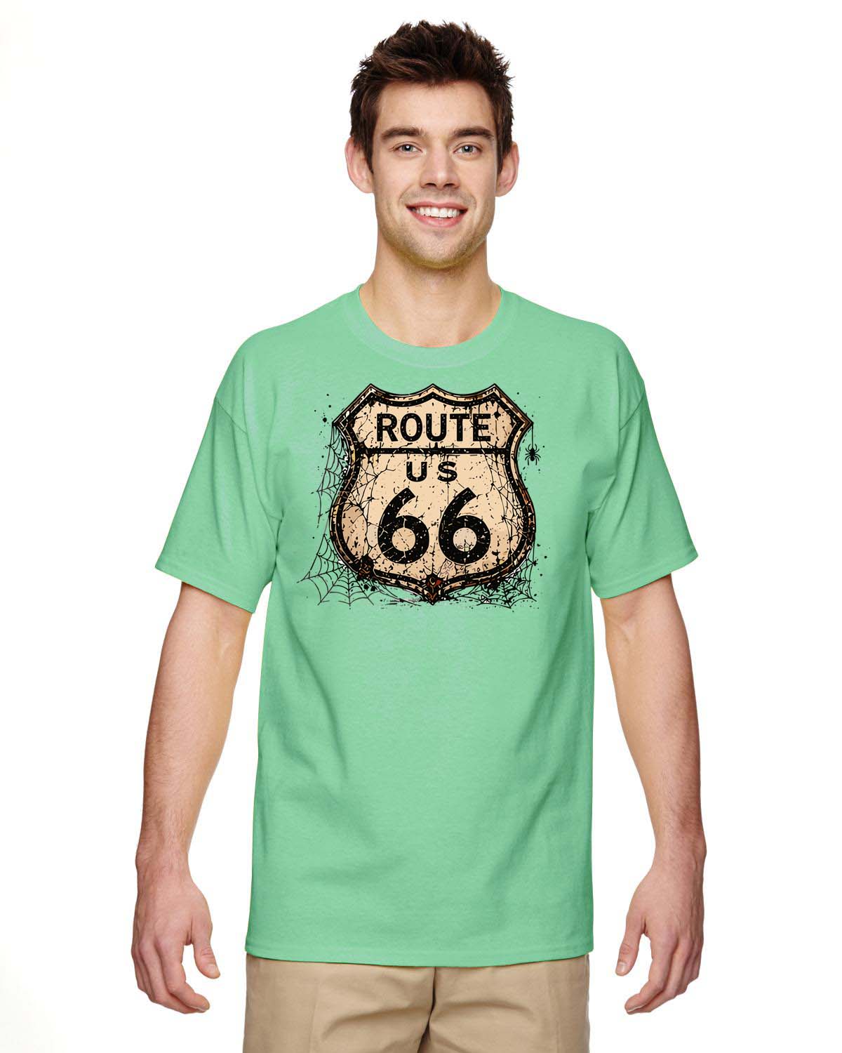 Route 66 Halloween Design T-Shirt 66 Shield with Cobwebs Spiders