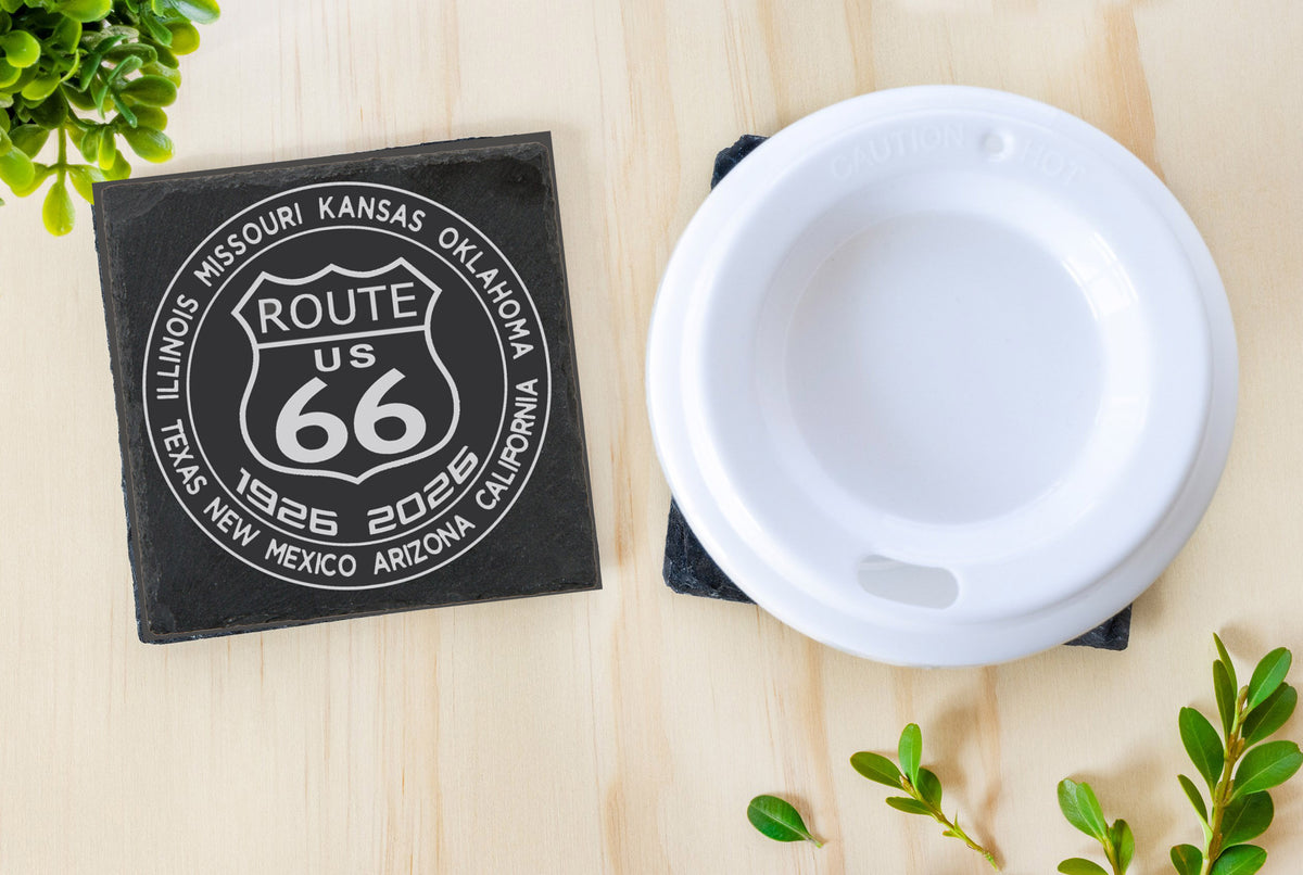 Route 66 Slate Coaster Laser Engraved with a Shield Surrounded by States