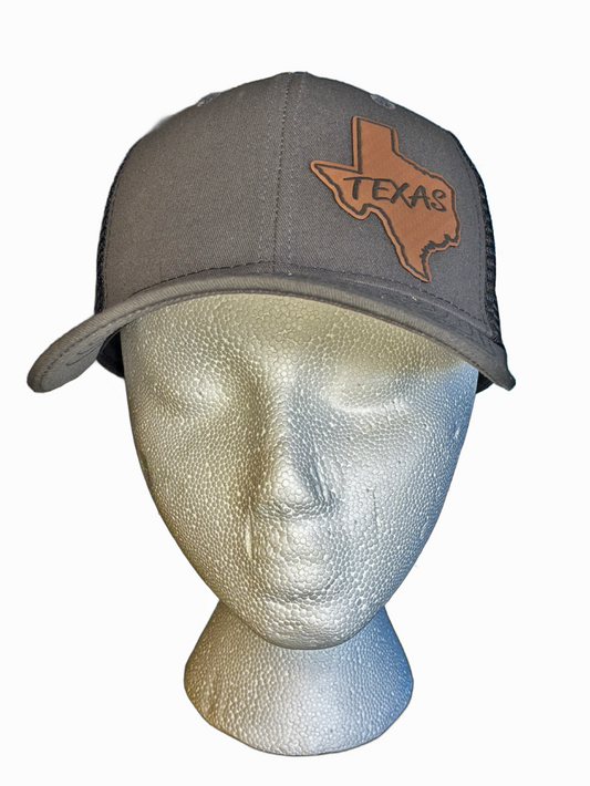 Texas Themed Cap With Gold Colored Laser Engraved and Cut Leatherette State Shape