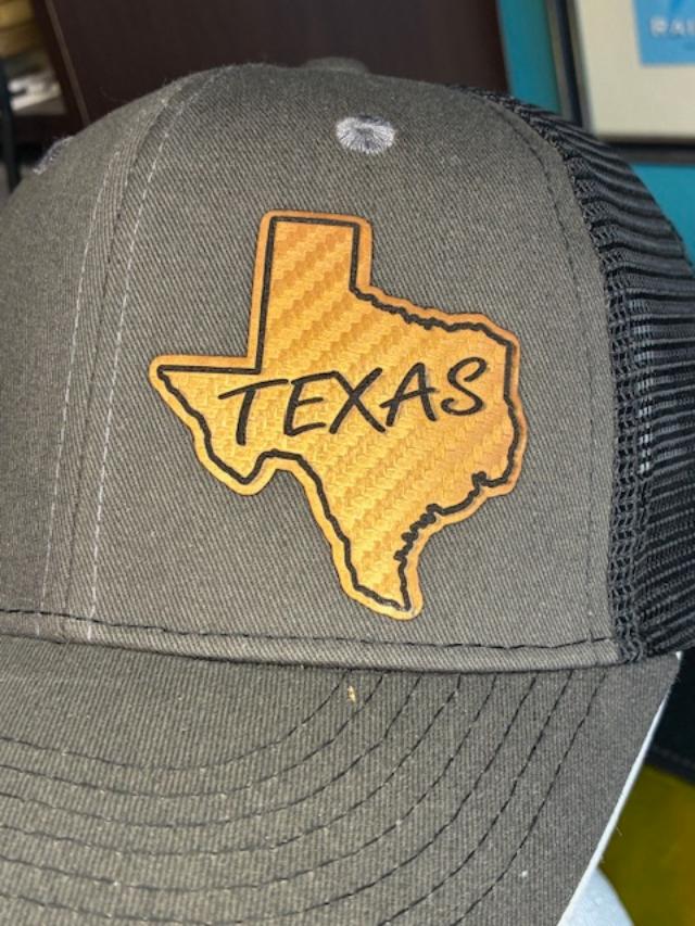 Texas Themed Cap With Gold Colored Laser Engraved and Cut Leatherette State Shape