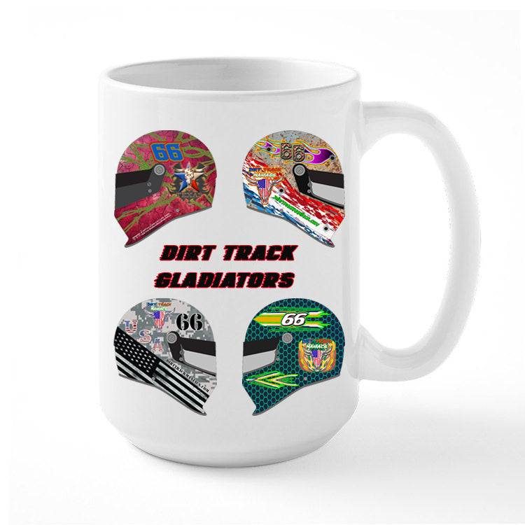 Personalized Coffee Mug Featuring Four Dirt Track Race Car Helmets