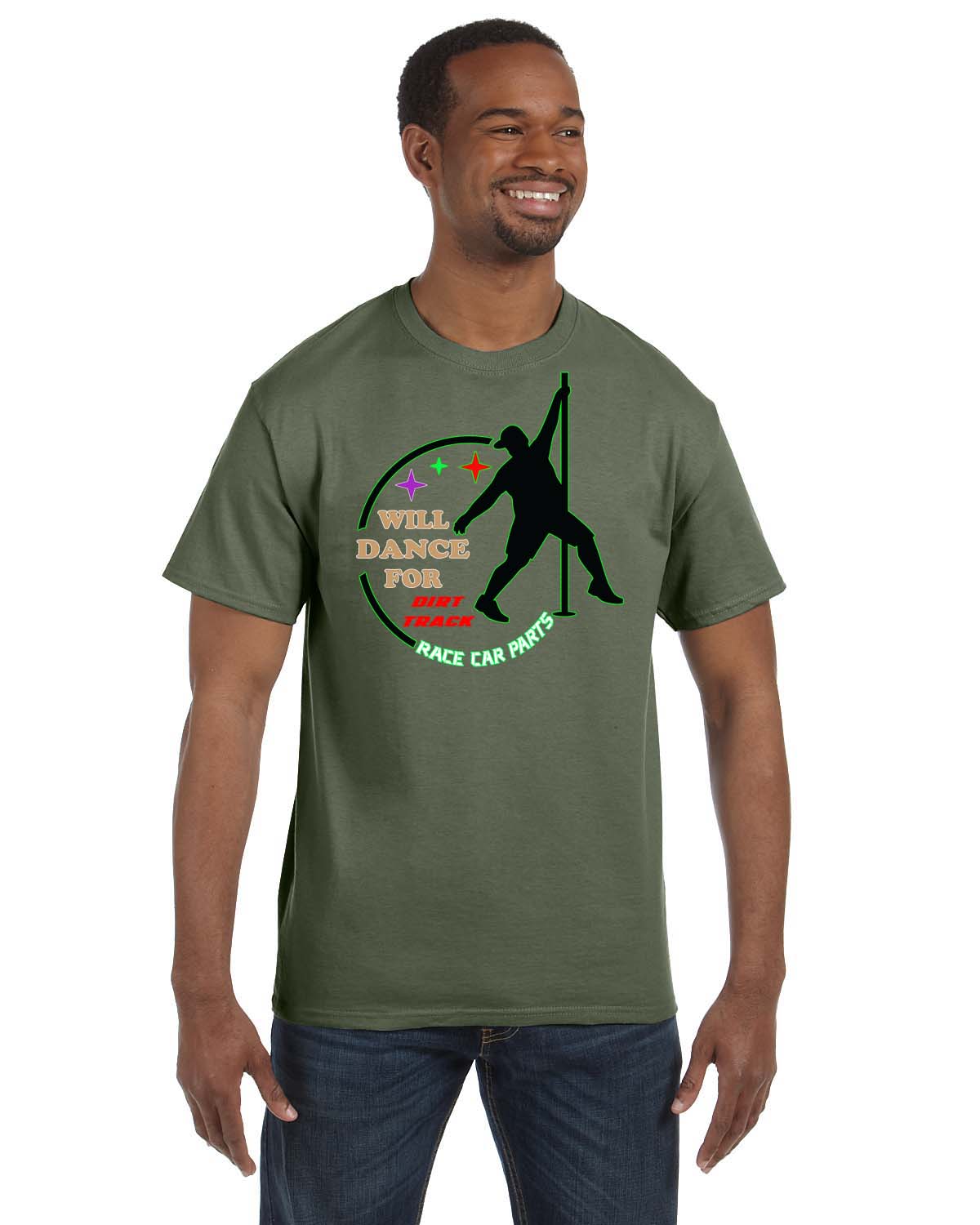 Dirt Track Racing T-shirt With Humorous Image of Man Stripping and Phrase
