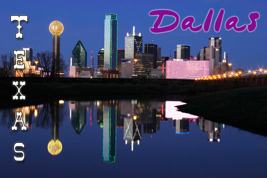 Fridge magnet featuring the downtown skyline of Dallas, TX with a reflection in the water