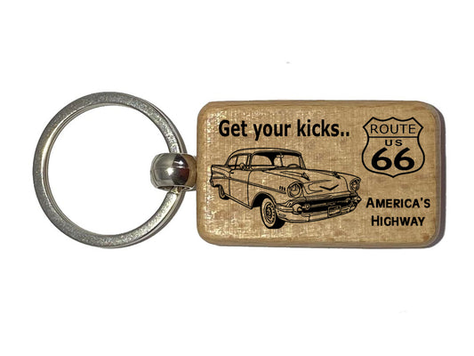 Wood Laser Engraved Keyring Featuring a Route 66 Design  #WDKR001