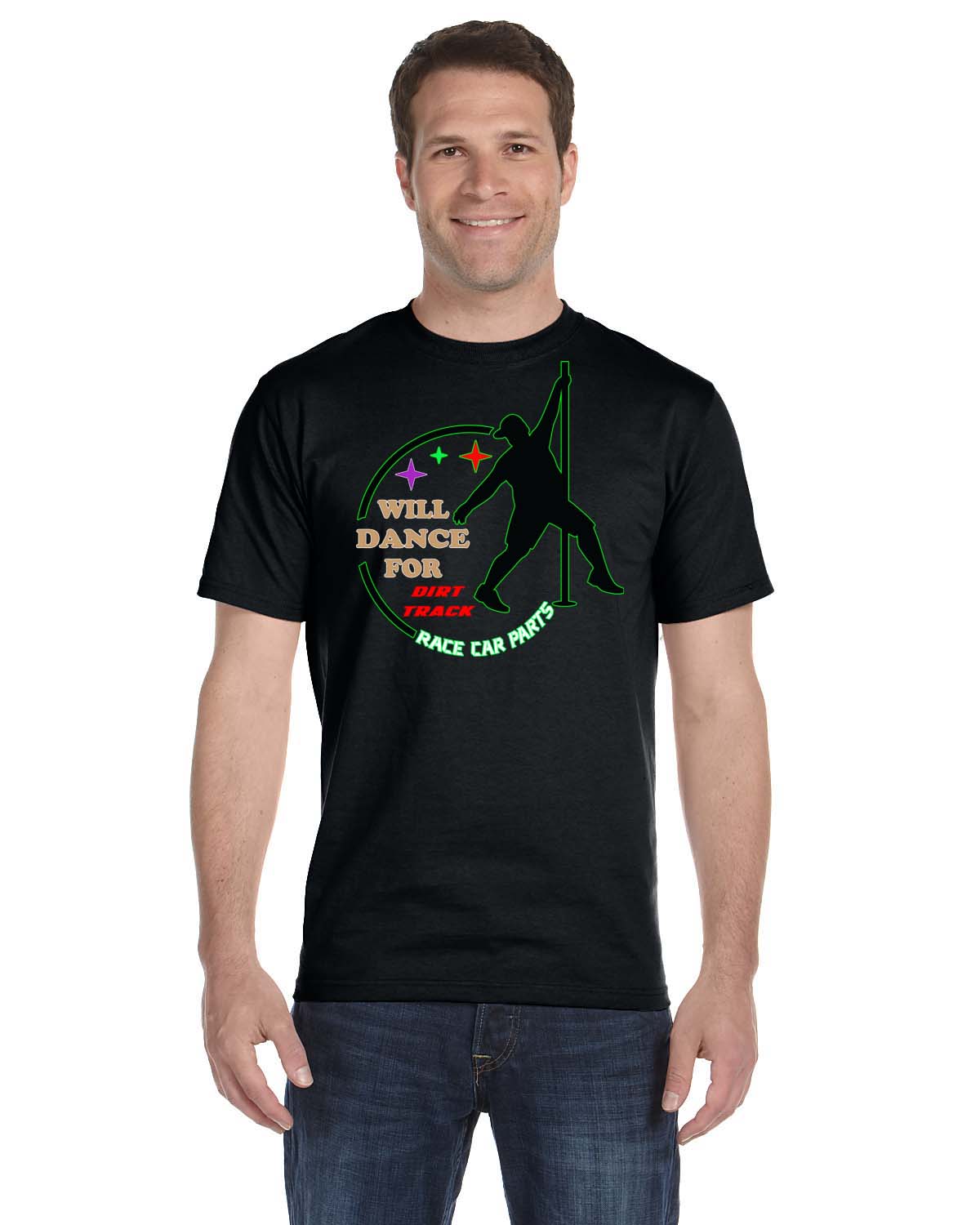 Dirt Track Racing T-shirt With Humorous Image of Man Stripping and Phrase