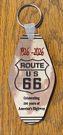 Route 66 Keyring Dye Sublimated Image with Cowhide Graphics Background  #KRDS014E