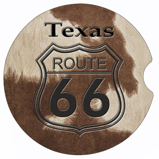 Two Route 66 Themed Car Coasters With A Cowhide Graphic Background And The Route 66 Shield On Top