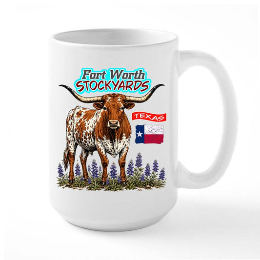 Fort Worth Texas Stockyards Coffee Mug with Longhorn in Bluebonnets