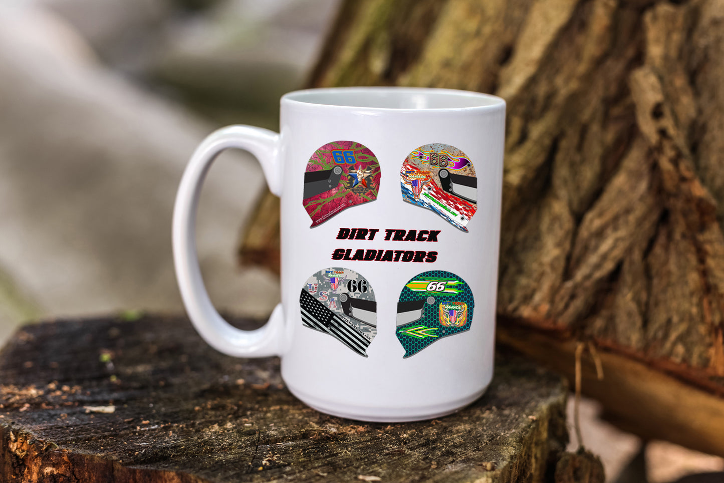 Personalized Coffee Mug Featuring Four Dirt Track Race Car Helmets