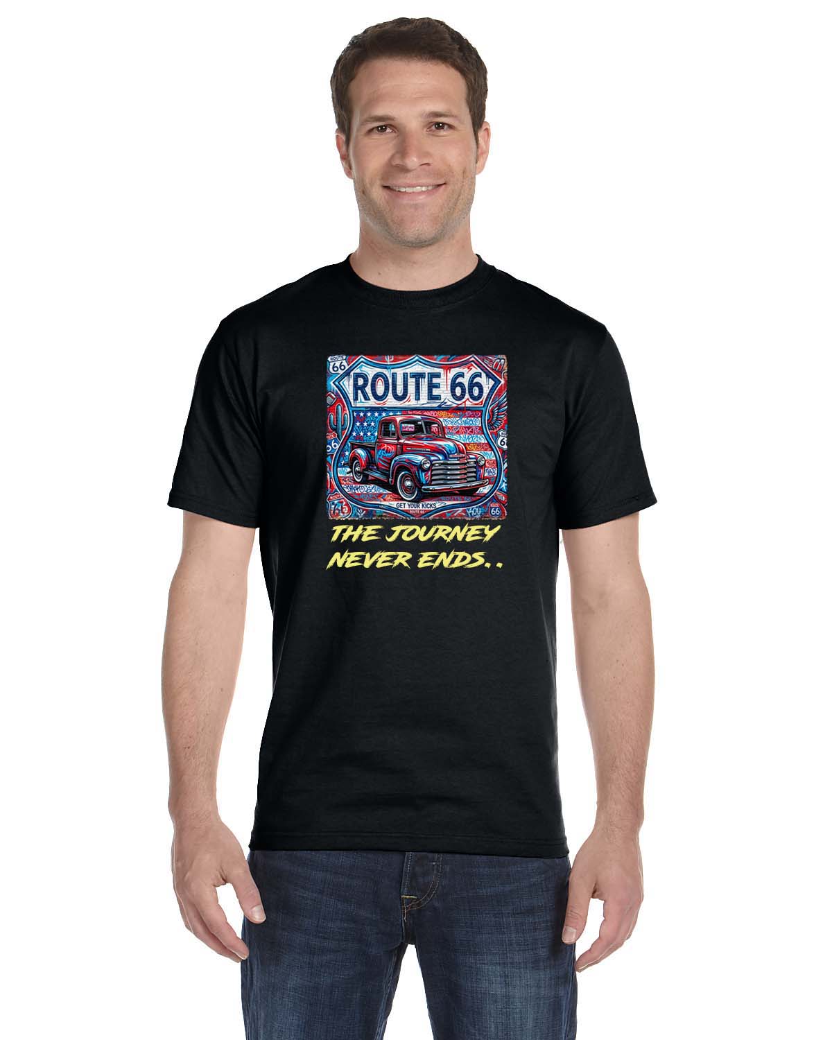 Route 66 T-Shirt Celebrating Americas' Highway, The Journey Never Ends