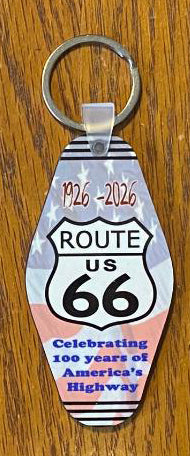 Route 66 Keyring Dye Sublimated Image with American Flag Background  #KRDS015E