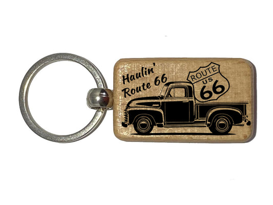 Wood Laser Engraved Keyring Featuring a Haulin' Route 66 Design  @WDKR020