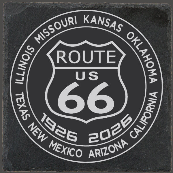Route 66 Slate Coaster Laser Engraved with a Shield Surrounded by States