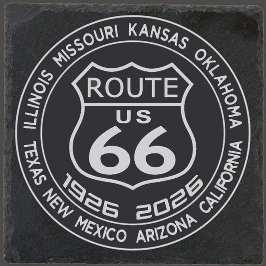 Route 66 Slate Coaster Laser Engraved with a Shield Surrounded by States