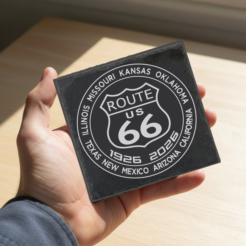 Route 66 Slate Coaster Laser Engraved with a Shield Surrounded by States