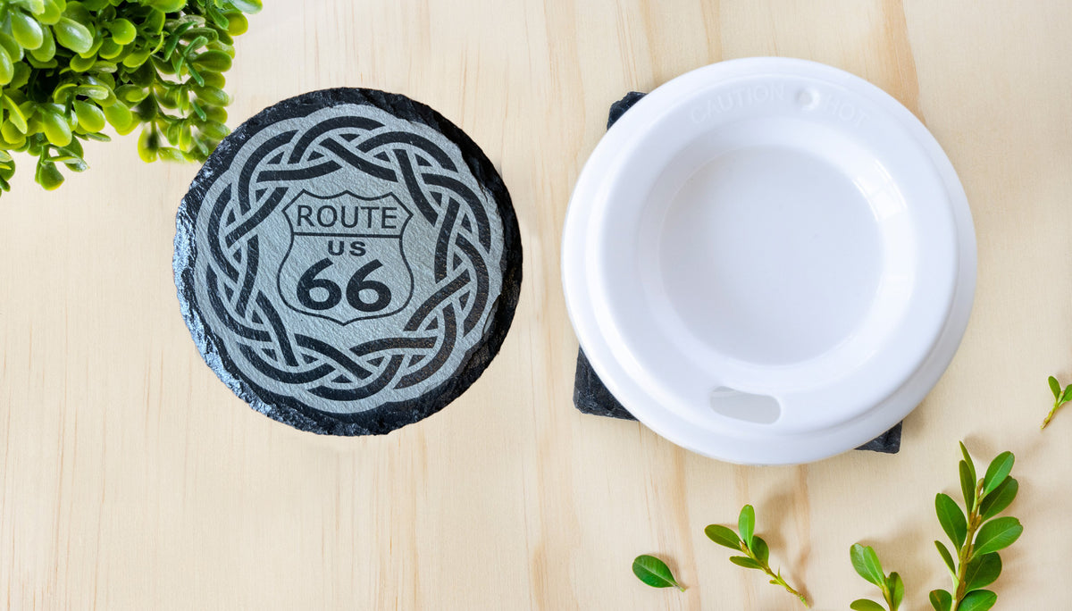 Laser Engraved Slate Coaster Route 66 Celtic Knot Design
