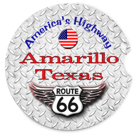 Two Route 66 Themed Car Coasters With A Steel and Route 66 Graphic