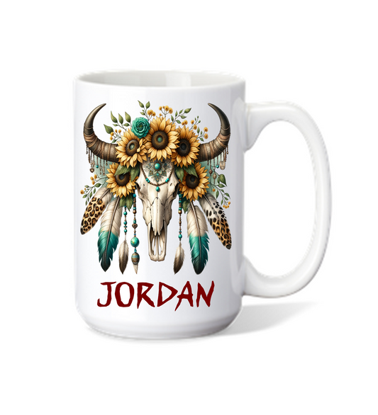 Coffee Mug Southwest Design Skull and Flowers Personalized
