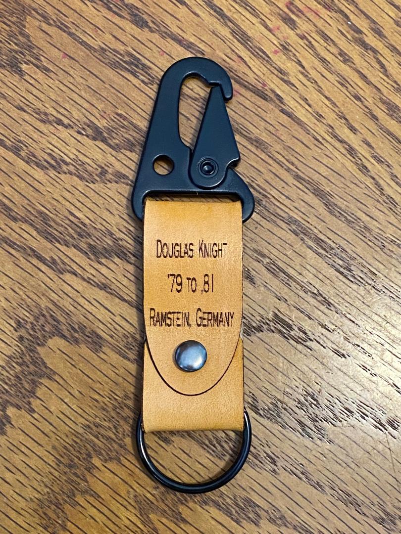 U.S. Military Leather Key Chain with a Black Rifle Sling Clip Personalized with Name, Base, and Dates