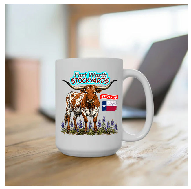 Fort Worth Texas Stockyards Coffee Mug with Longhorn in Bluebonnets